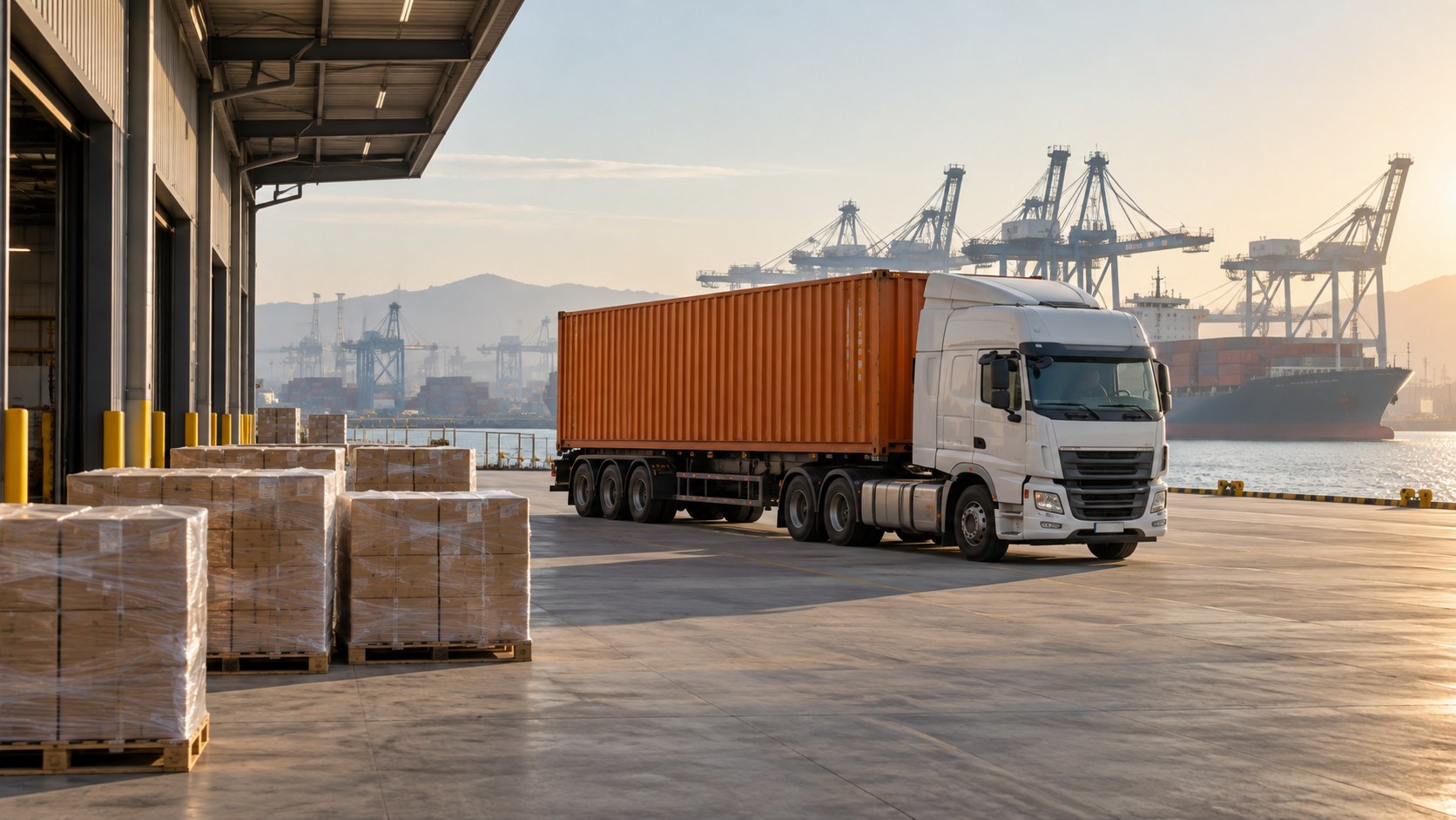 Container truck and palletised cartons at a logistics terminal.